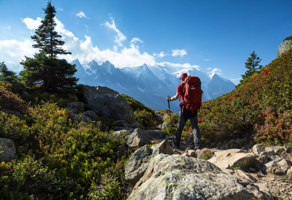 Hiker on the Tour du Mont Blanc with views of the Alps