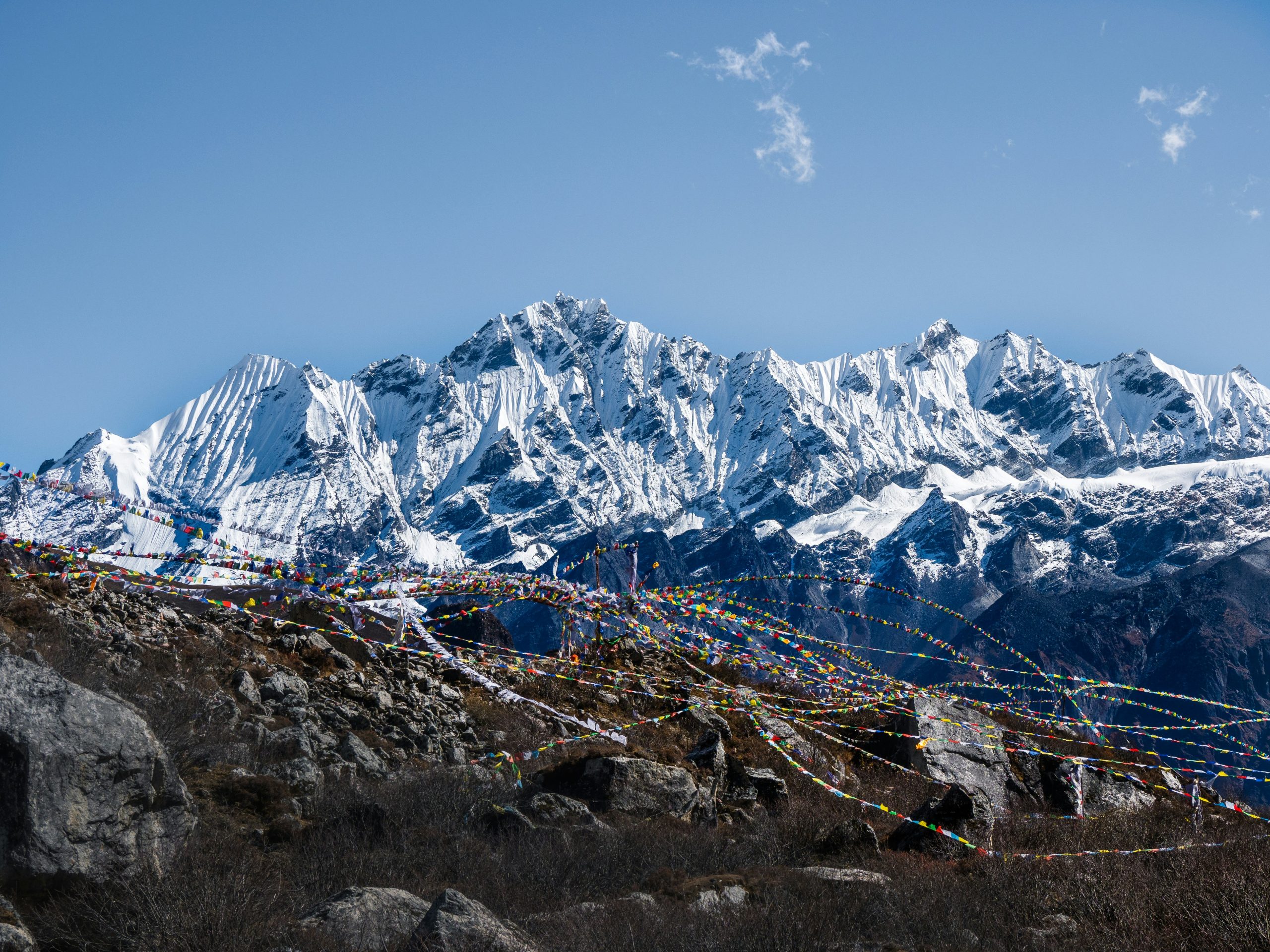 Tibetan prayer flags with the Langtang Lirung massif behind
